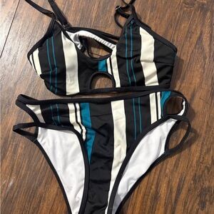 Cupshe Black and Teal Striped Bikini